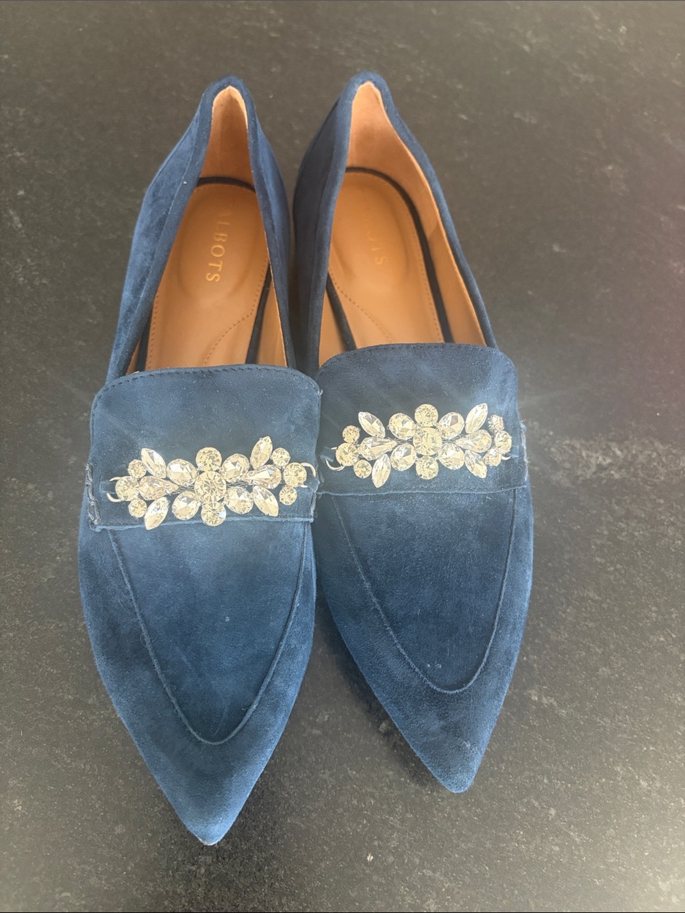 Talbots Navy Suede Pointed Toe Loafers with Crystal Embellishment